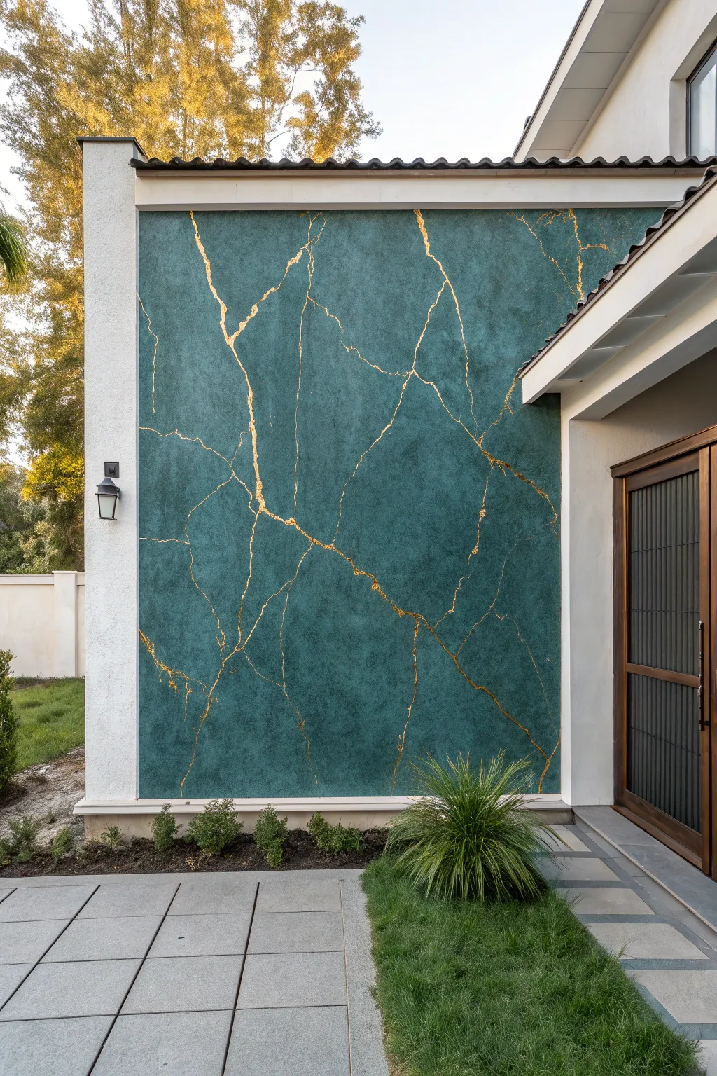 Outdoor cracks made beautiful: matte color field with bold kintsugi-inspired gold vein lines