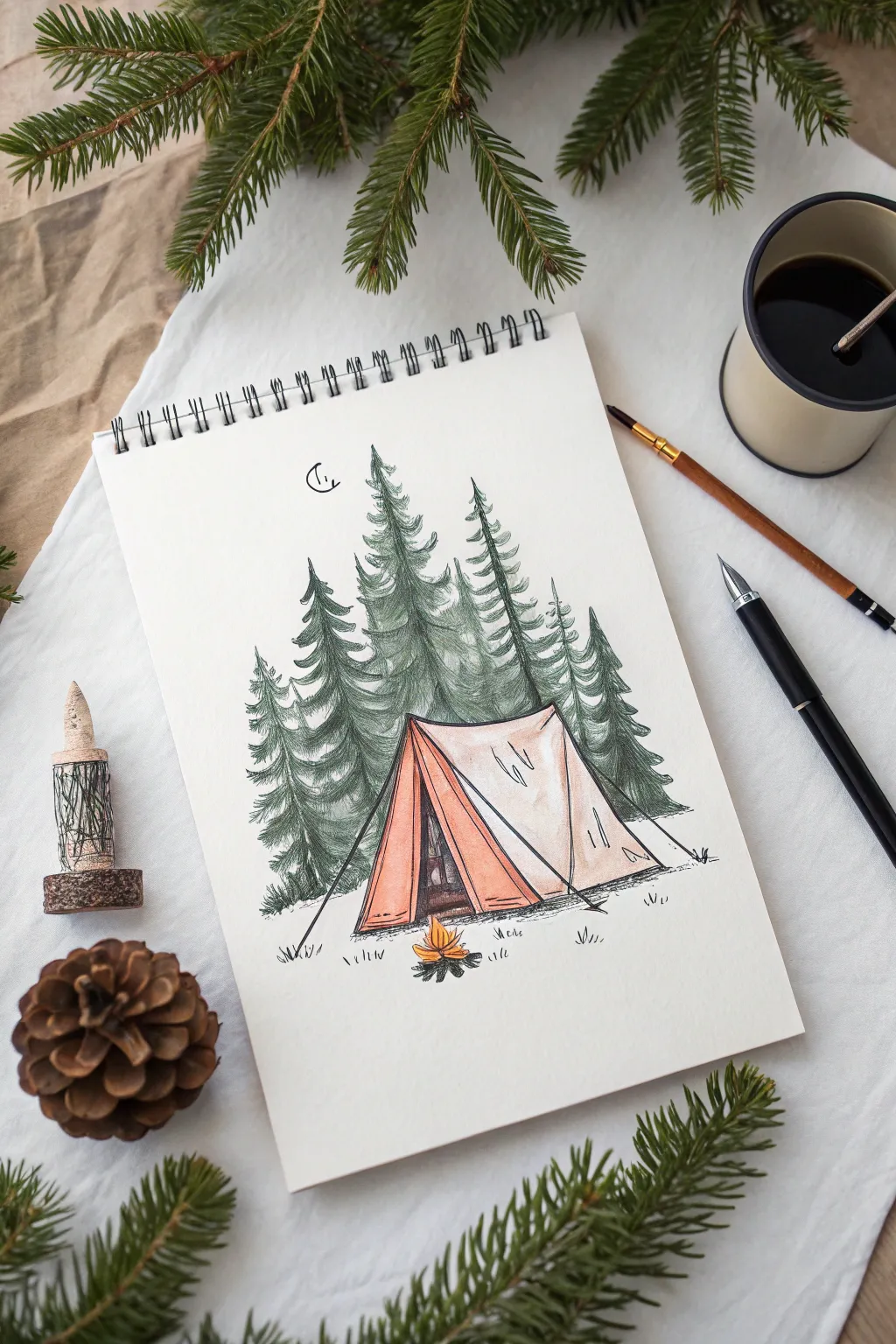 Cozy campsite sketch idea: simple tent under tall pines with bold earthy color and clean lines.