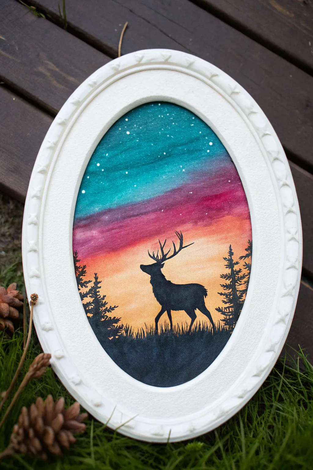 Paint an oval sunset sky with a crisp negative-space deer silhouette for modern boho vibes.