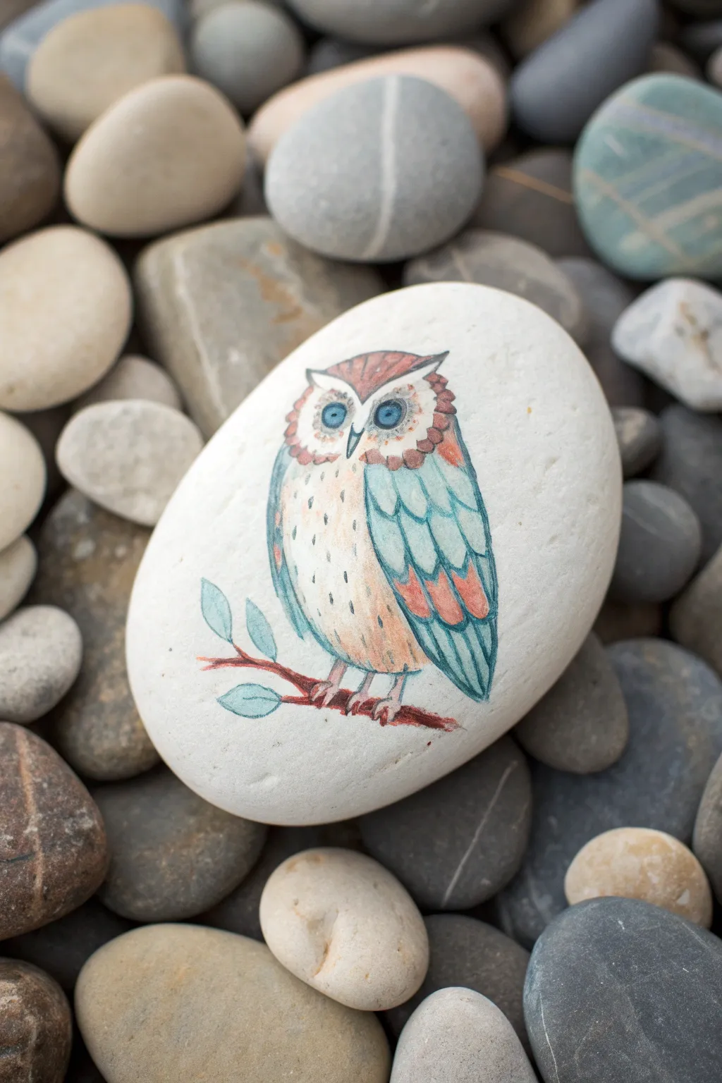 Soft watercolor-wash owl on a smooth rock, minimal lines and bold hues for calm boho charm.