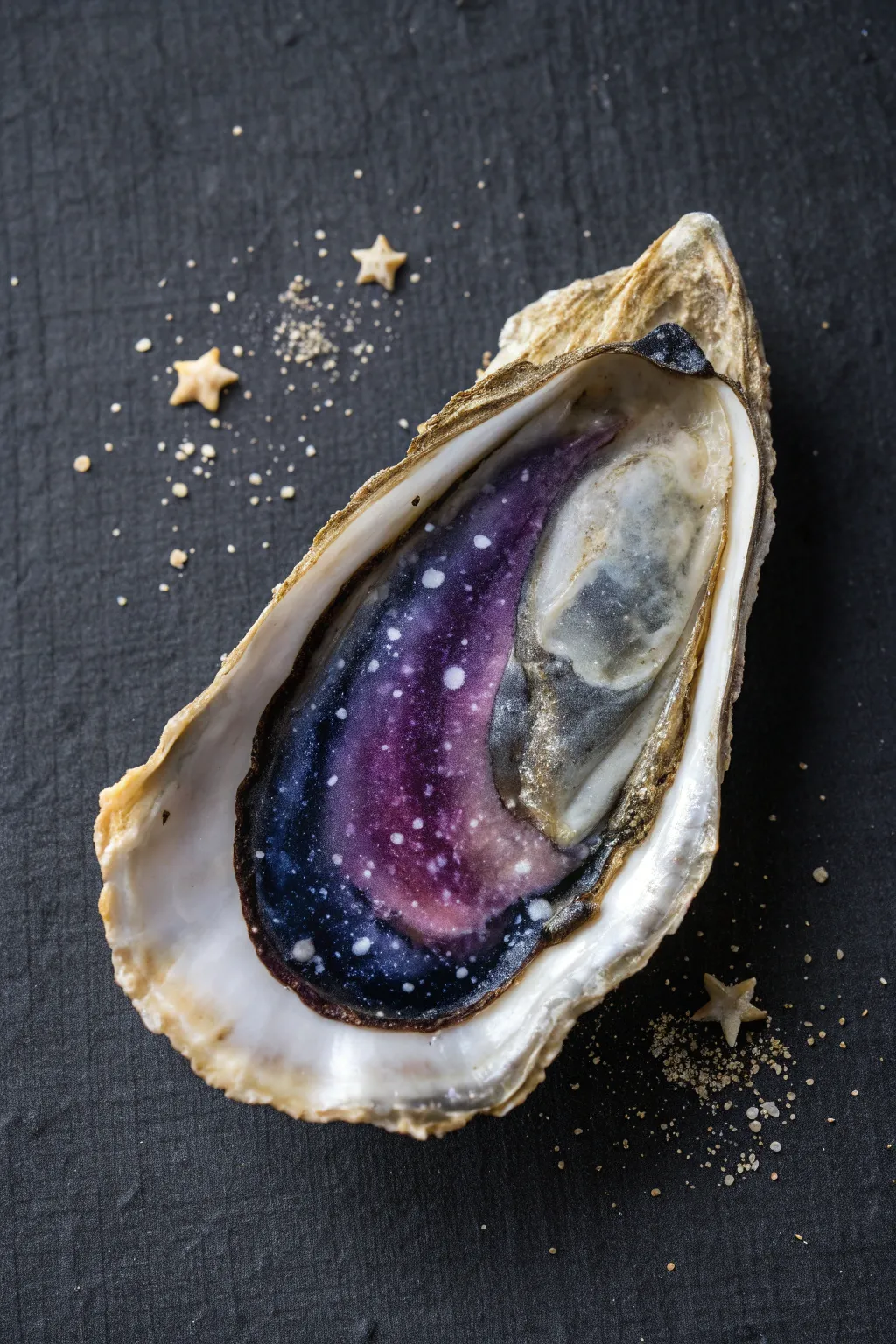 Galaxy oyster shell: deep navy and violet blend with shimmering metallic stars on a dark backdrop