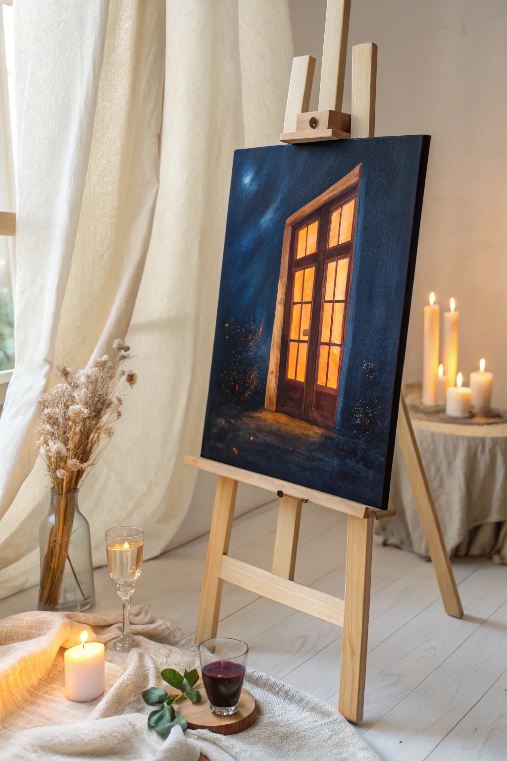 Candlelit high-contrast canvas with a sparkling sip for the coziest paint and sip night at home.