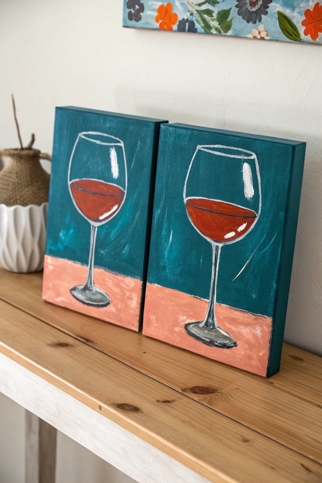 Split-canvas clink scene in bold color, simple highlights, perfect for paint and sip.