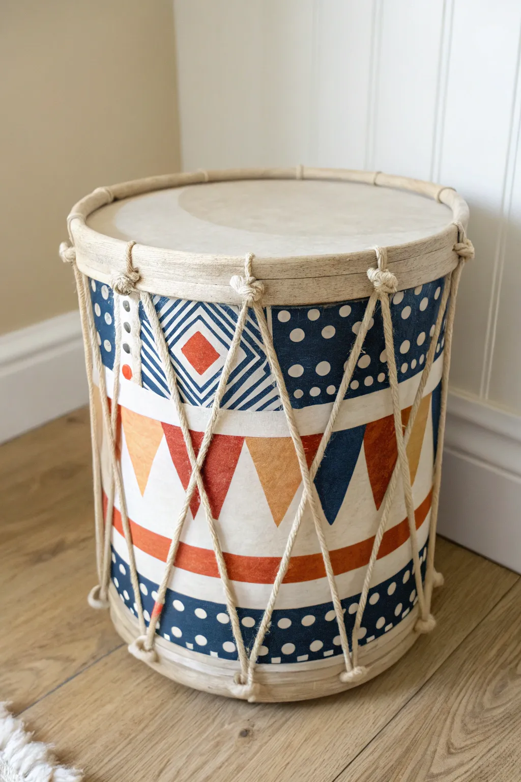 DIY paint bucket drum for kids, bold boho patterns with a minimalist Scandinavian vibe