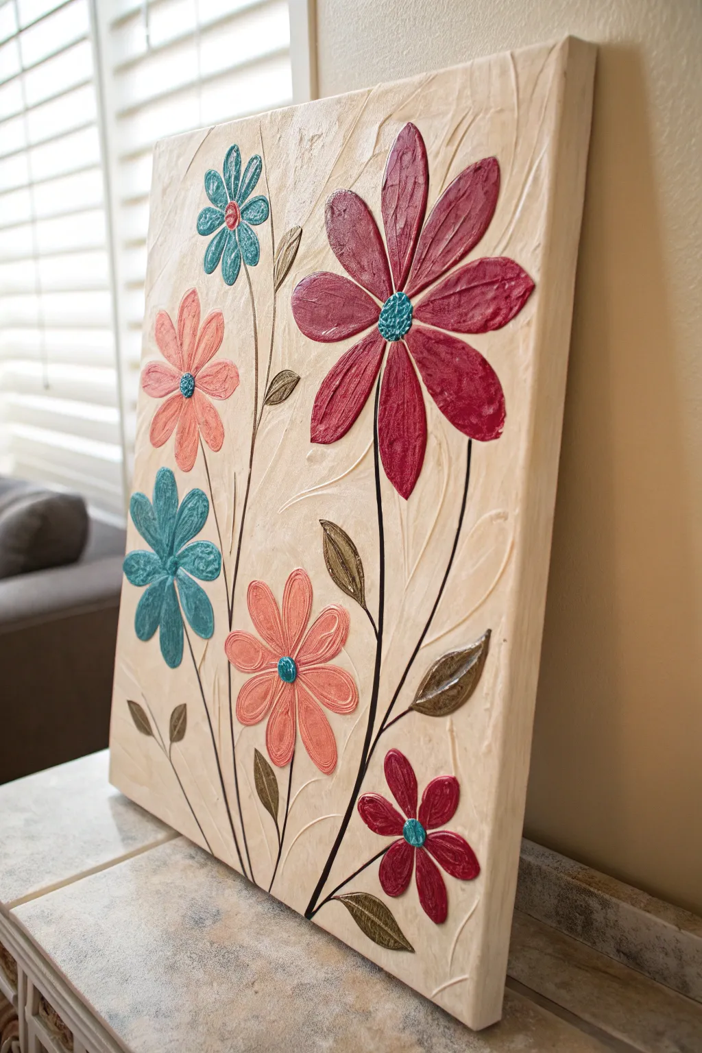 Palette-knife florals with thick impasto petals and a softly blended, high-contrast backdrop