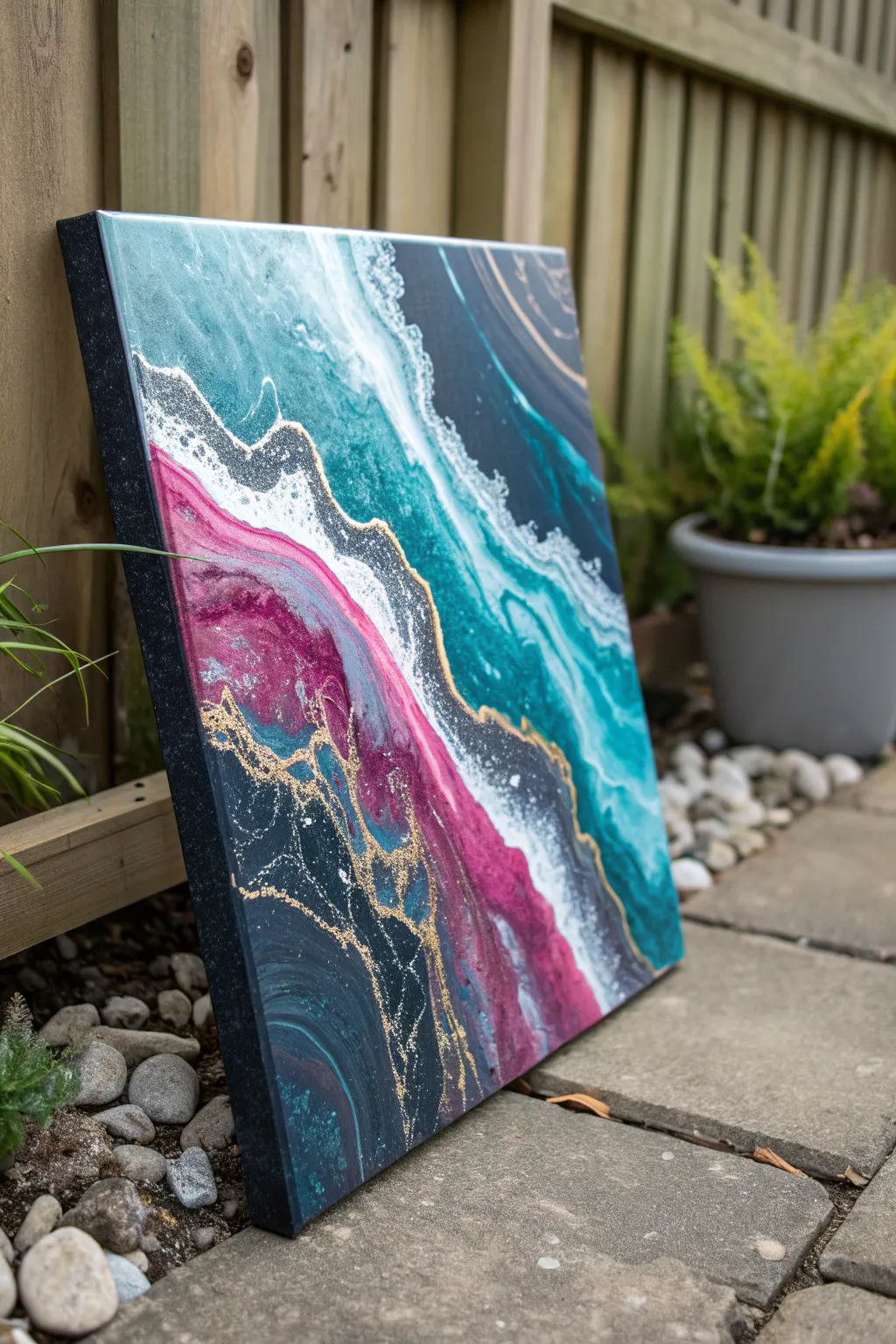 Geode paint pour with bold color bands and delicate metallic veins, sparkling in close-up detail.