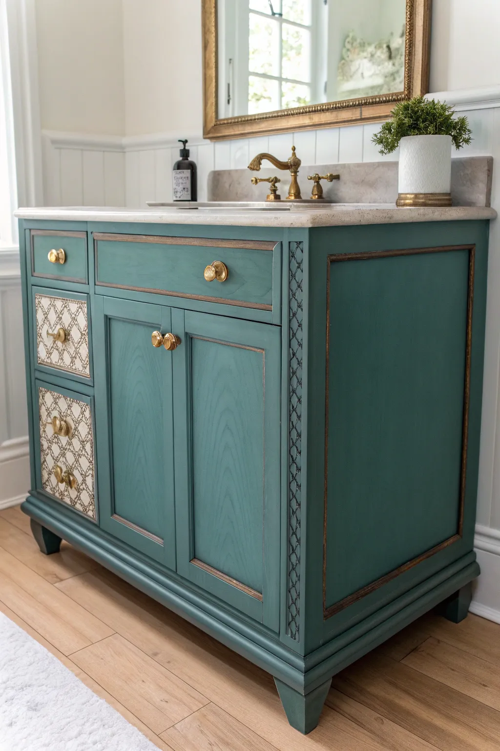 Tone-on-tone stenciled side panels add subtle texture to a bold painted antique vanity.