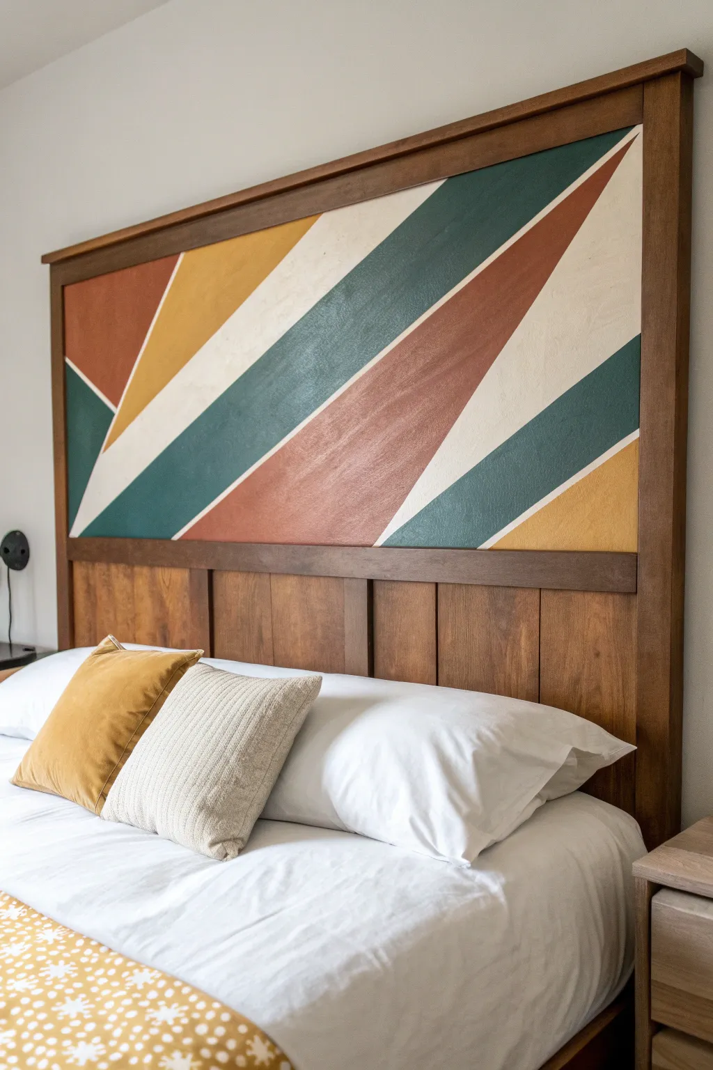 Bold geometric color blocking turns a flat headboard into a striking minimalist focal point