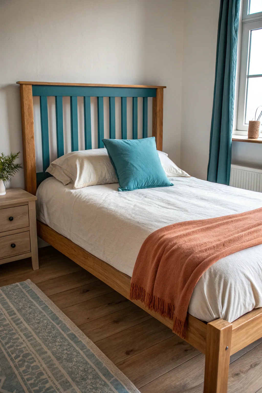 Stripes only on the headboard, paired with calm linens and one matching accent color for cohesion