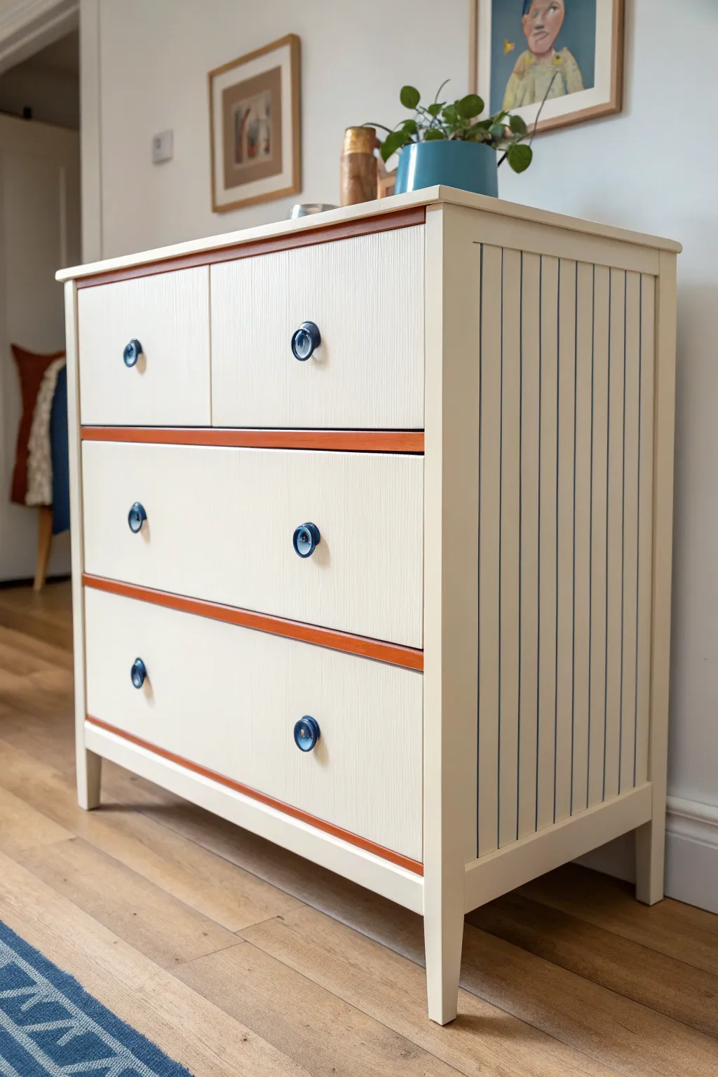 Hand-painted pinstripes that fake luxe inlay for a bold, minimalist bedroom upgrade