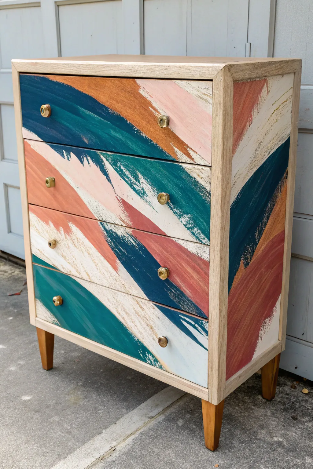 Abstract brushstroke painted chest in bold layered hues, minimalist Scandinavian studio styling.