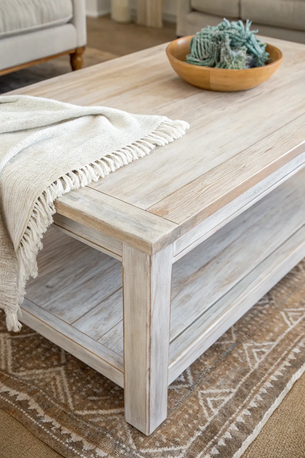 Whitewashed coffee table with visible wood grain for a breezy, airy coastal feel