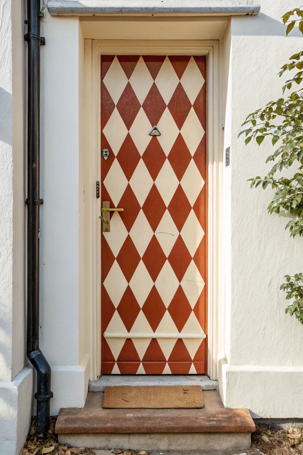 Bold harlequin diamonds with crisp lines and matte color contrast for a modern boho entry