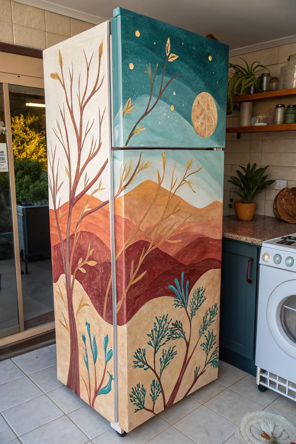 A Scandinavian kitchen centerpiece: a hand-painted mural fridge with bold boho color and texture