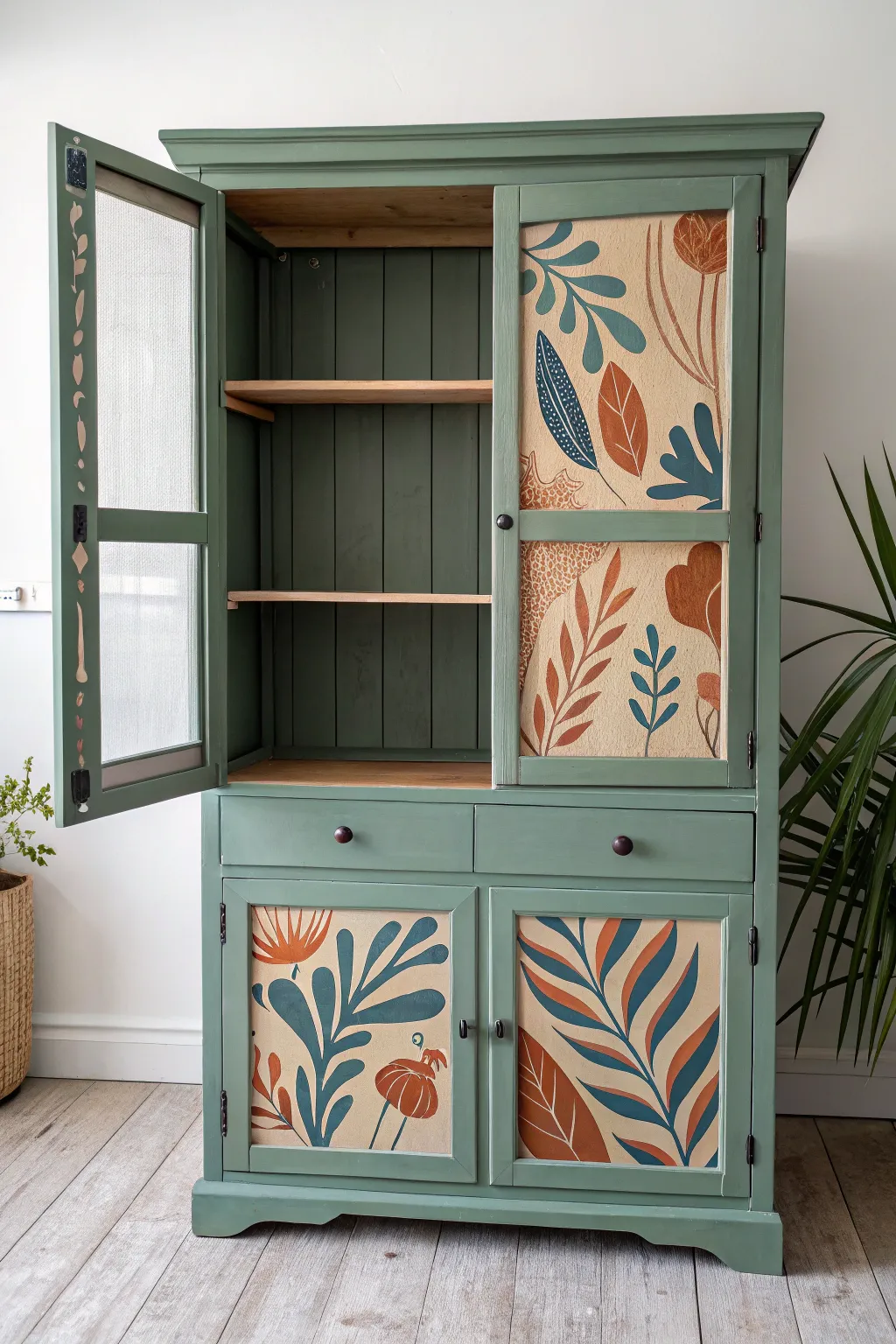 Open painted hutch with mural interior, minimalist styling, bold boho color on a Scandinavian backdrop