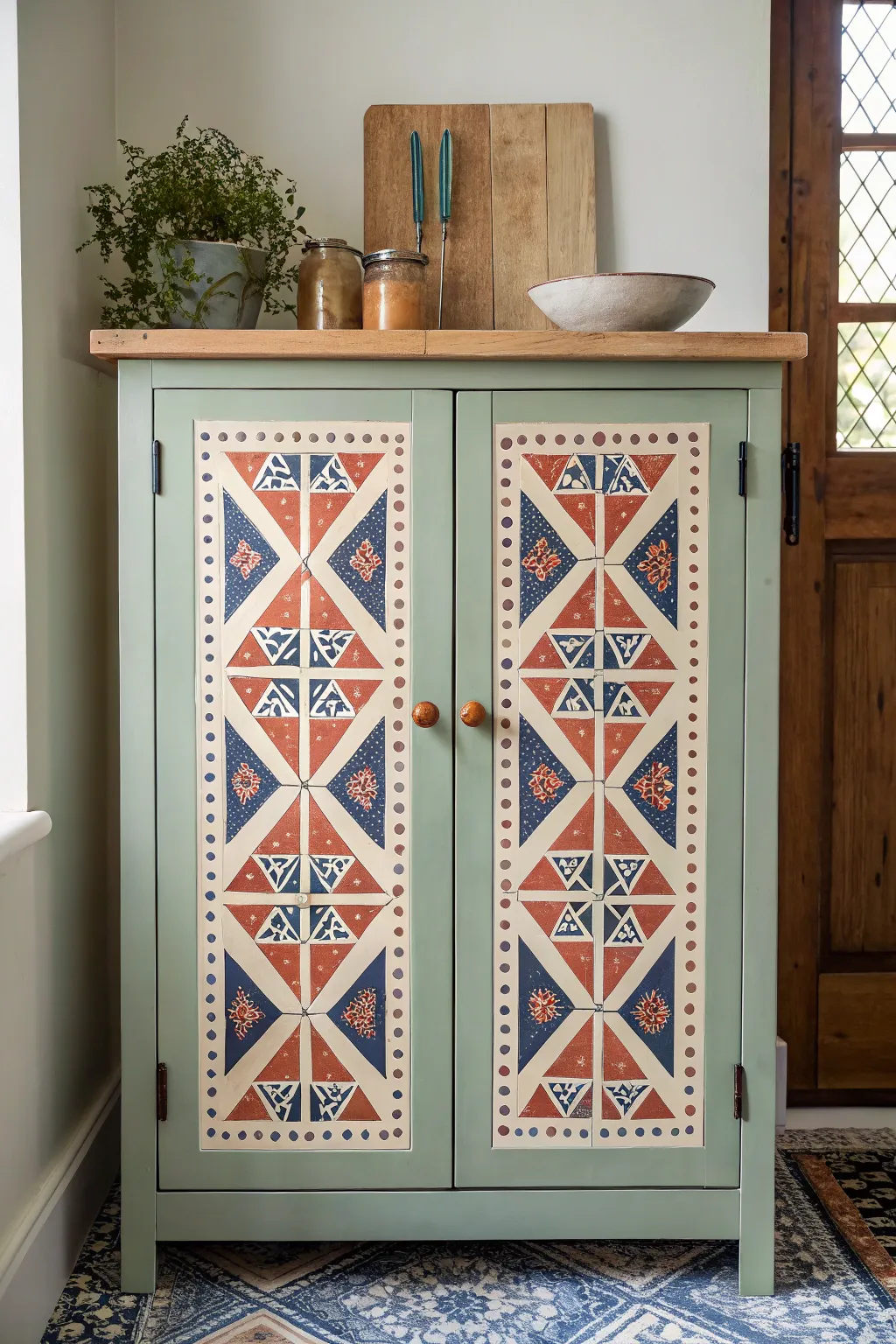 Hand-painted cabinet fronts with bold pattern and simple solids for a modern boho look