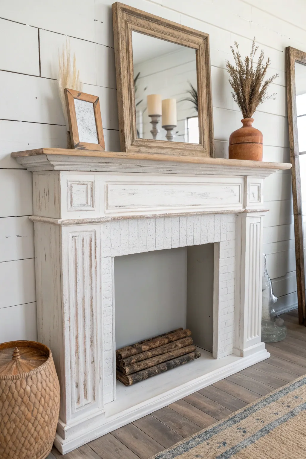 Soft off-white mantel with subtle distressed edges for a calm, rustic Scandinavian-boho look