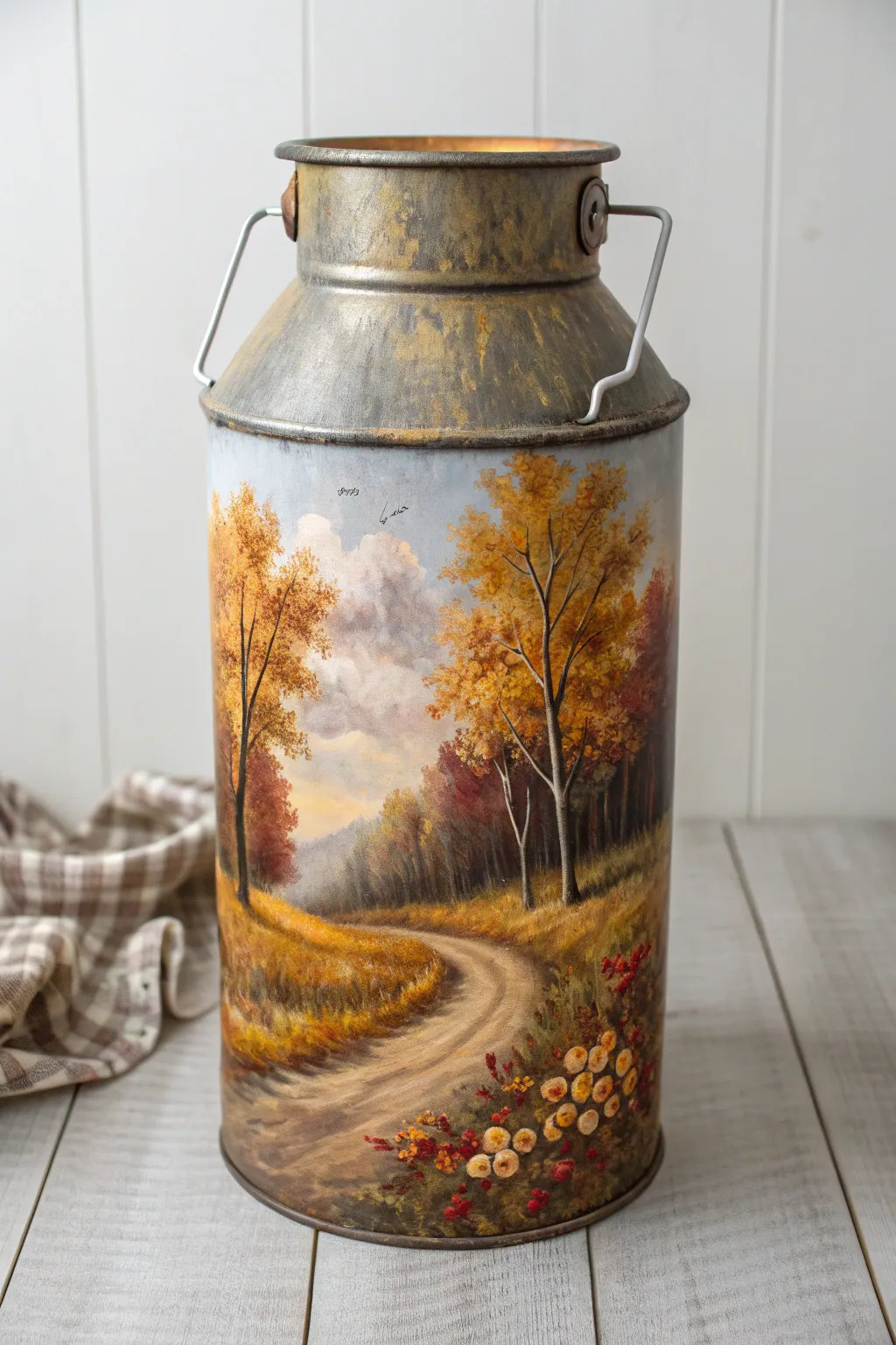 DIY painted milk can with cozy autumn pathway scene, styled minimal with tiny pumpkins.