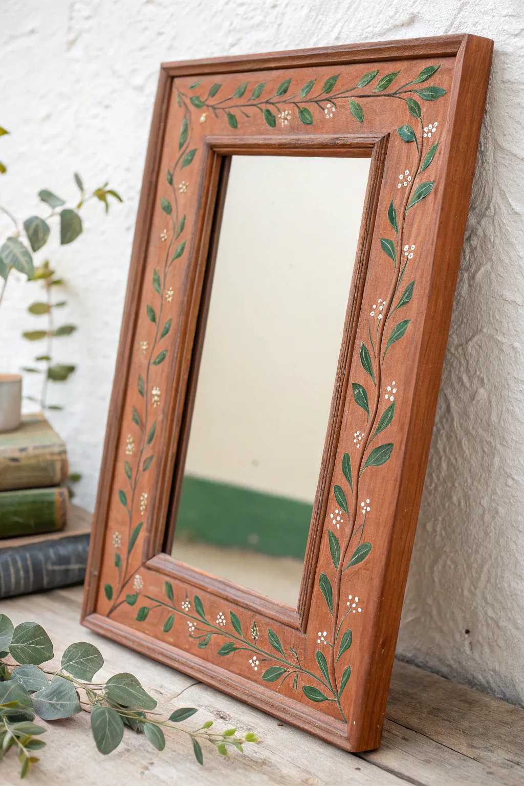 Hand-painted botanical vines turn a simple mirror frame into a calm, boho-minimal statement.