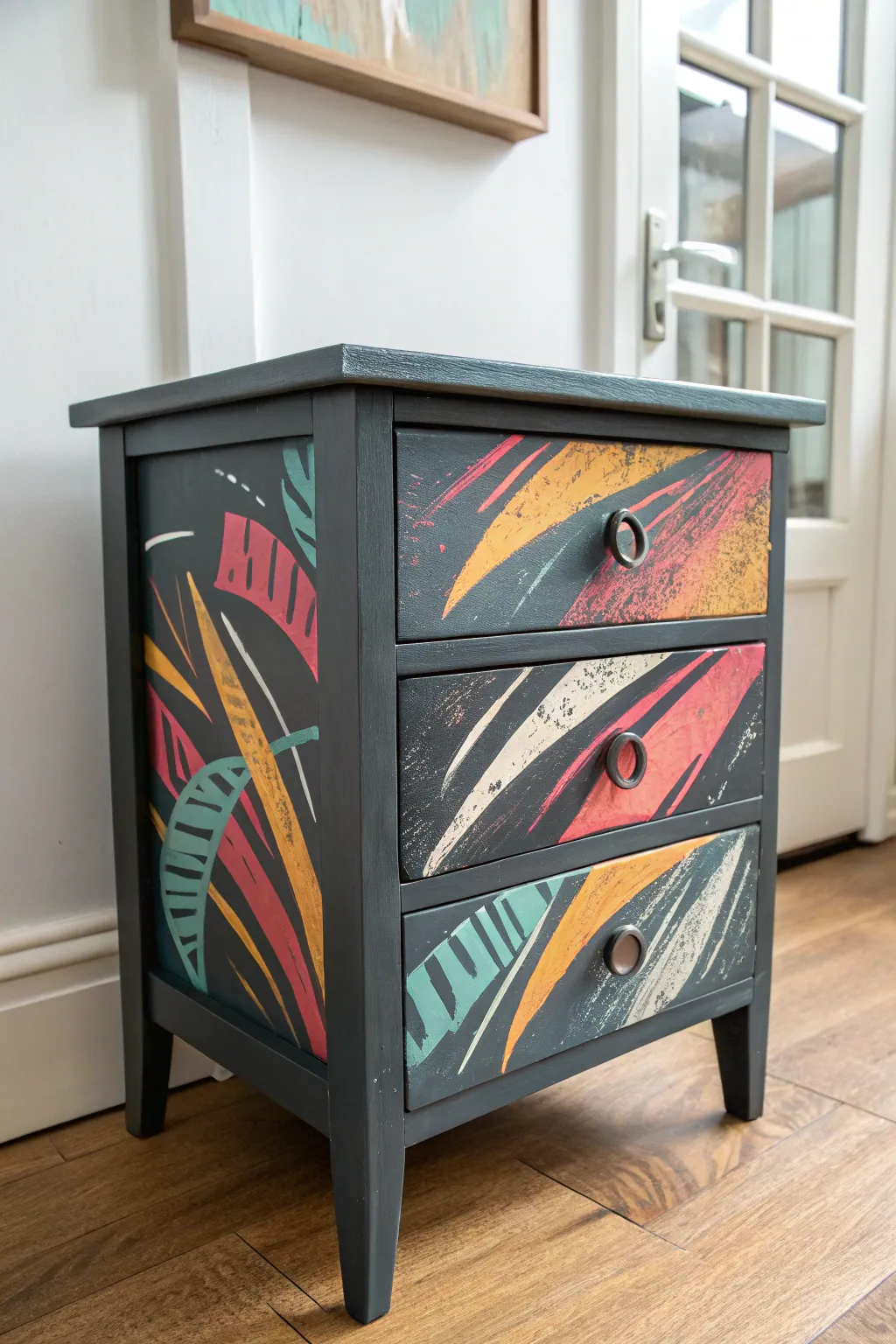 Bold scribble spray layers on a dark nightstand, minimalist styling with a boho twist.
