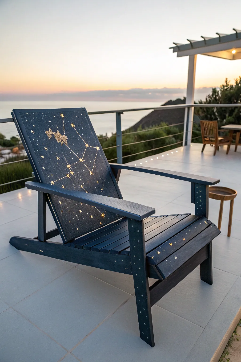 Midnight constellation lounge chair with warm lantern glow for a bold, dreamy patio moment