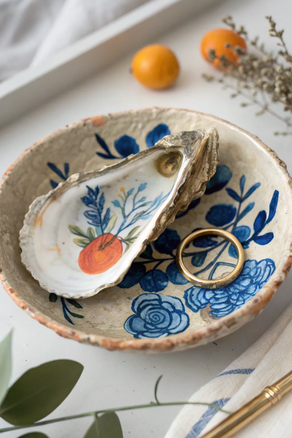 Hand-painted oyster shell trinket dish with tiny still-life scene, holding one gold ring.