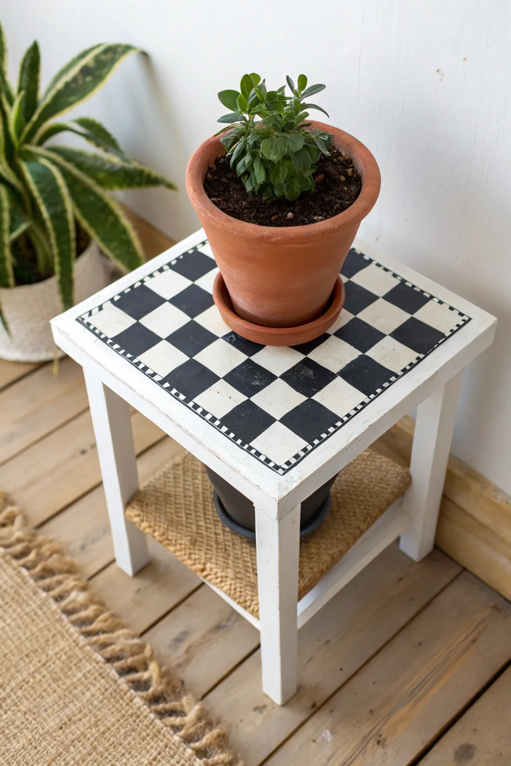 Checkerboard plant stand top with crisp corners for a modern DIY pop of color.