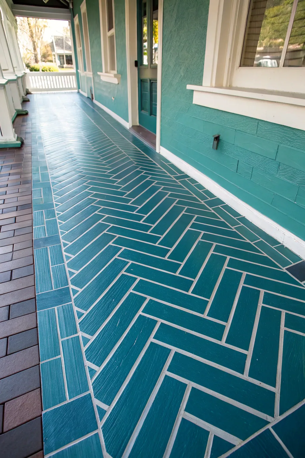 Tape-style herringbone porch floor illusion in two teal tones with crisp lines and a matte grip finish