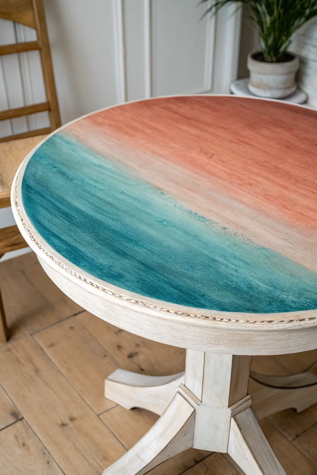 Center-out ombre round table: deep color core fading to airy edges for a modern boho look