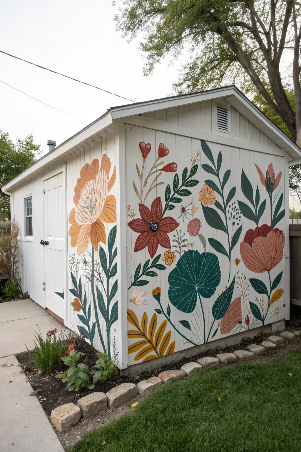 Oversized floral mural on a shed wall, bold yet minimal, layered with real garden greenery