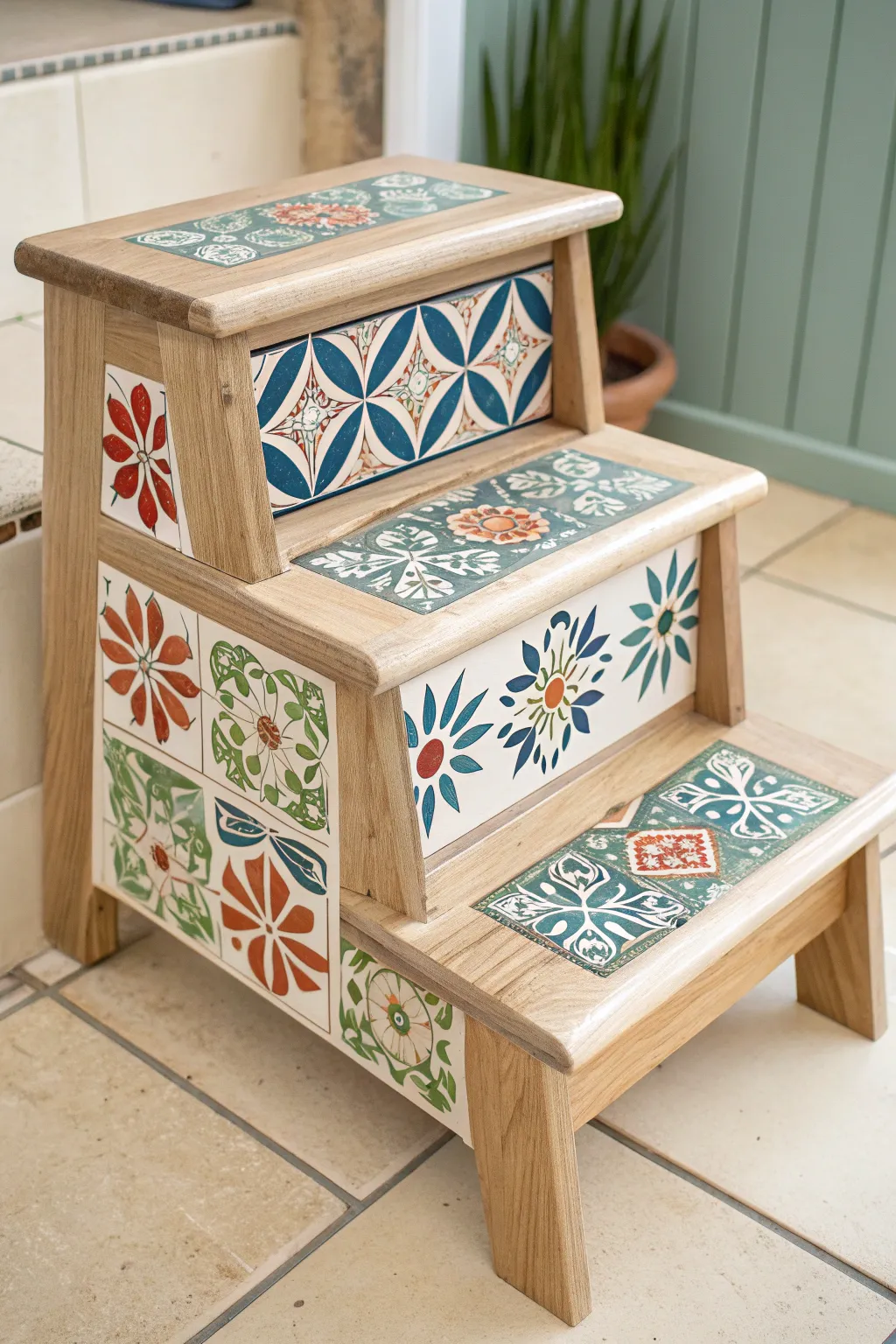 Minimalist step stool with faux tile risers in bold boho colors, crisp and Scandinavian.