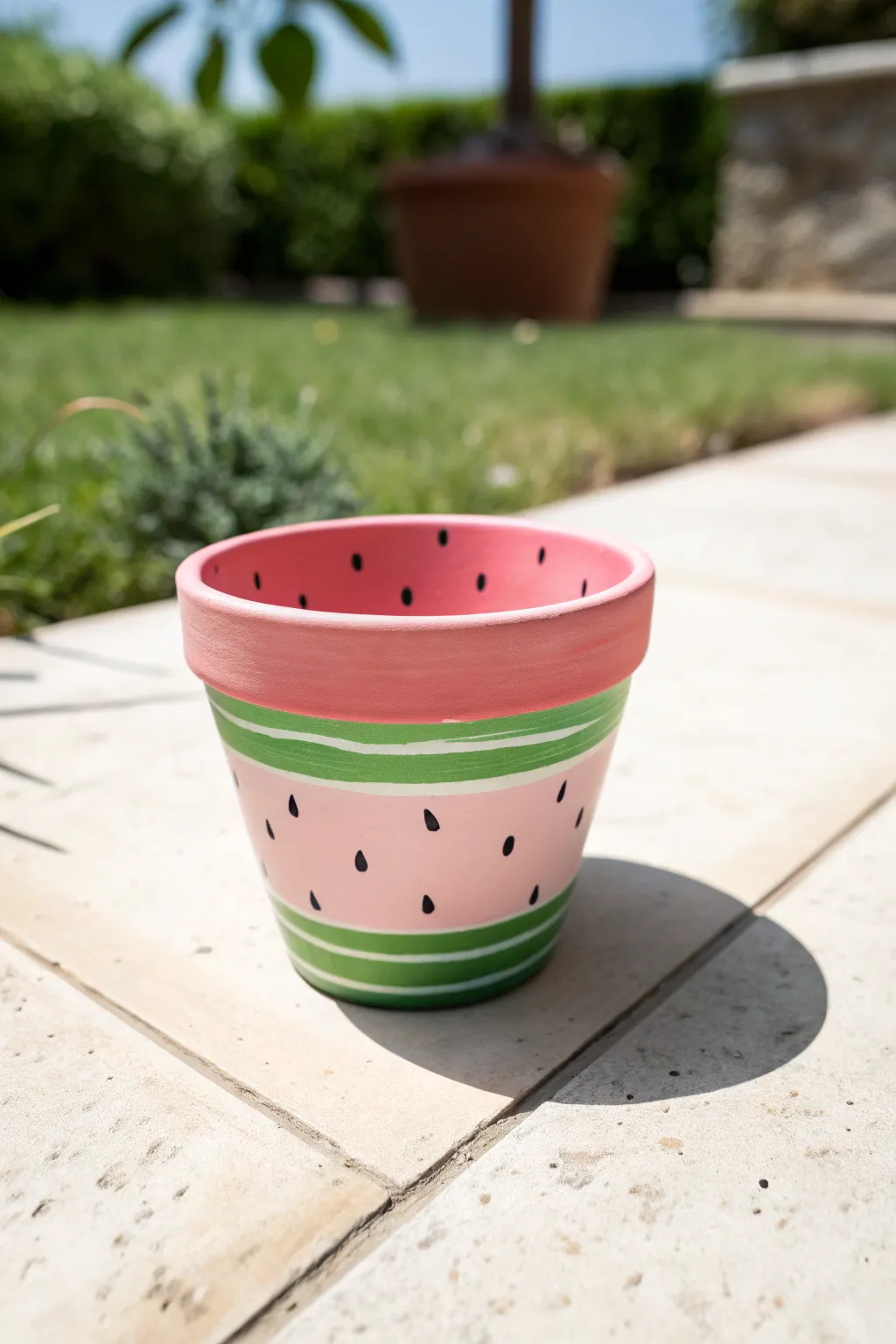 Sunlit watermelon-painted terracotta pot with bold contrast, clean Scandinavian minimal vibes.