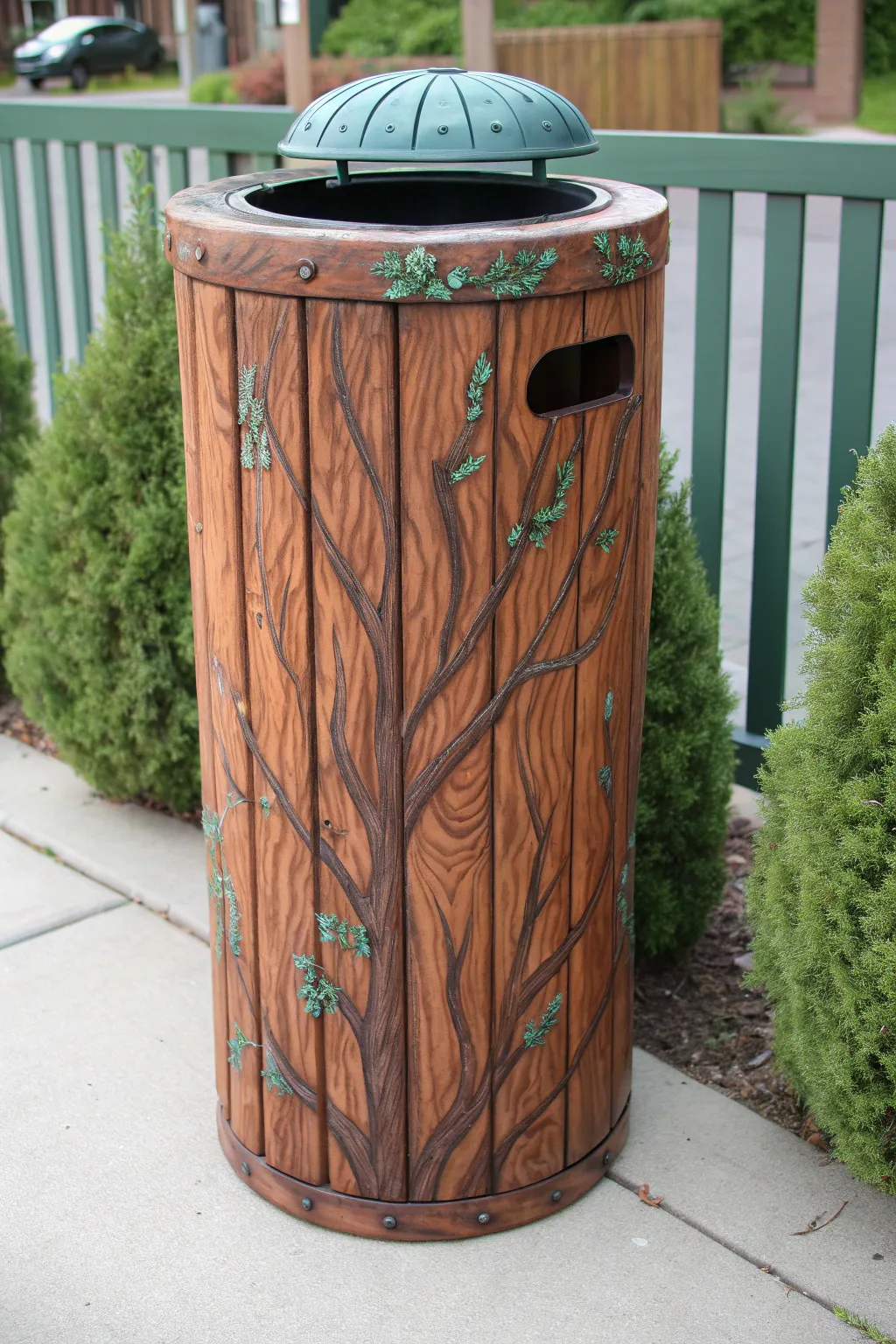 Faux woodgrain tree trunk trash can that blends into the garden, minimalist with bold contrast.