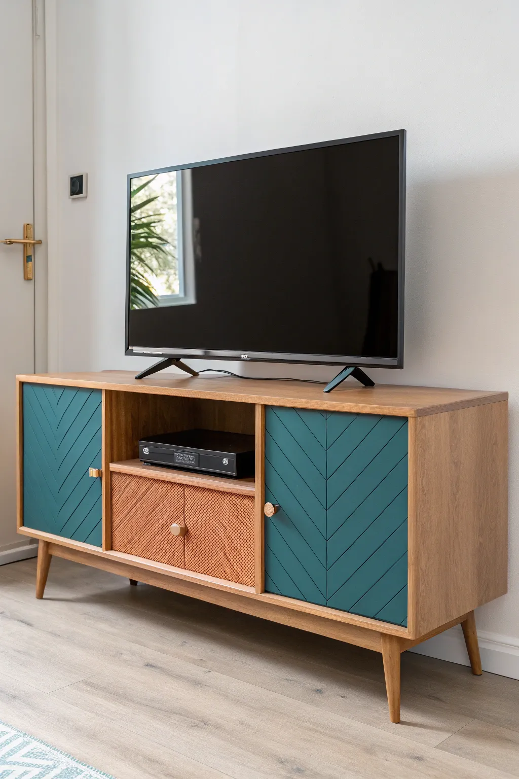 Bold color-blocked doors and a contrasting frame for a striking yet minimal painted TV stand