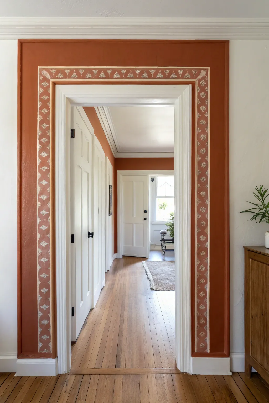 Bold painted border frames a minimalist doorway, adding depth, warmth, and crafted charm