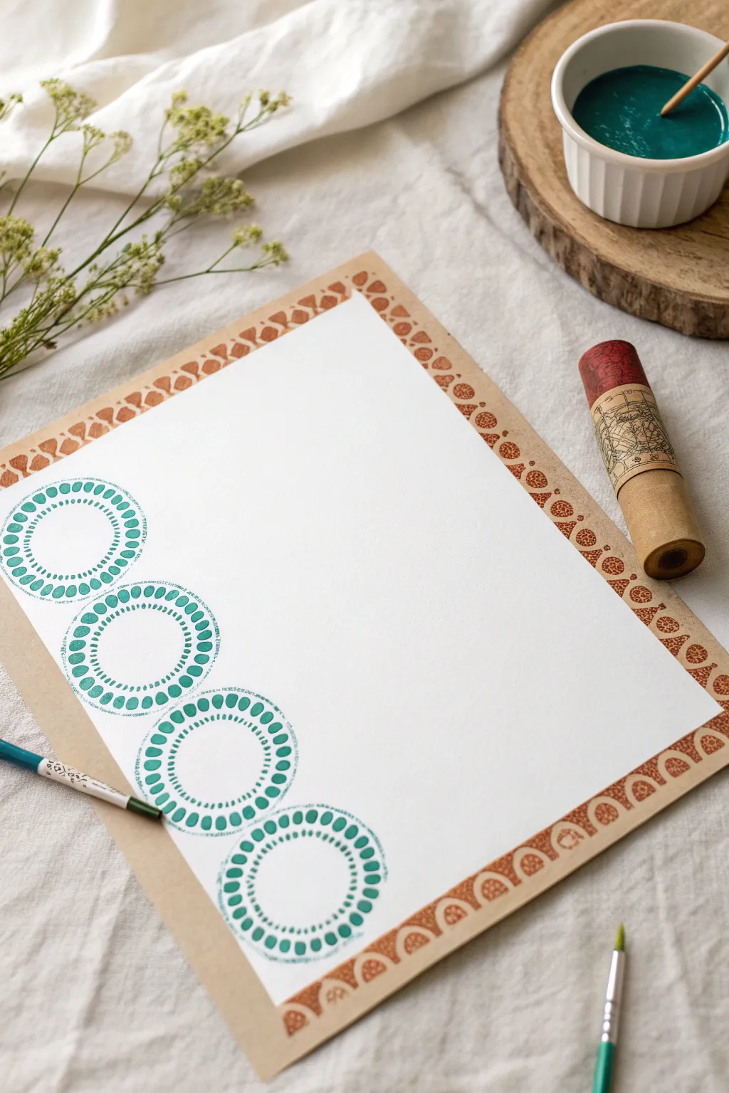 Stamped circle border with a cardboard roll stamp, minimal setup and bold color contrast.