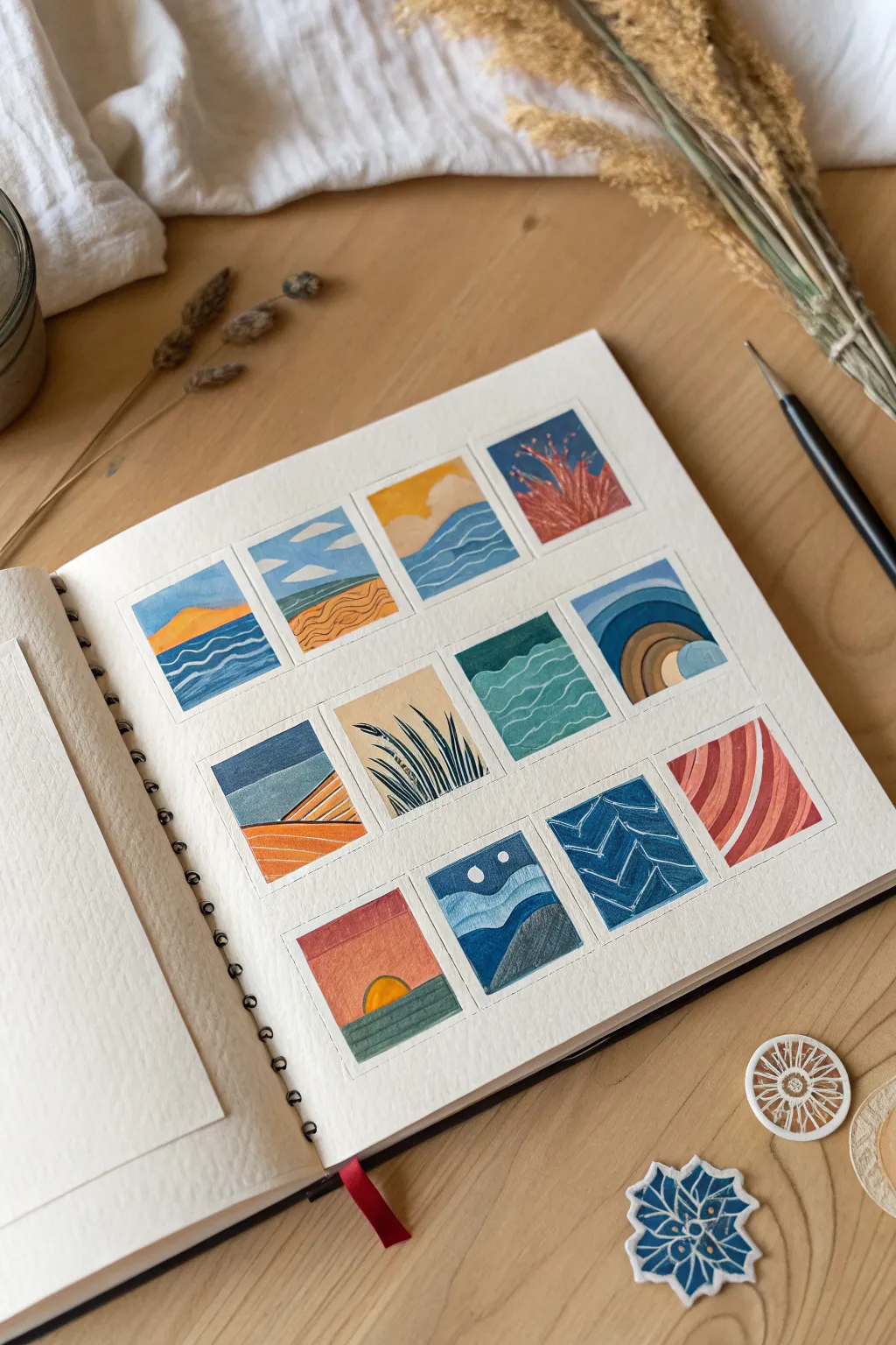 Abstract mini-paintings in a sketchbook make an easy word-of-the-day painting challenge.