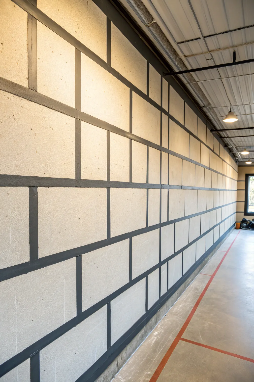 Create sleek faux panel lines on concrete walls for a bold, modern industrial basement look