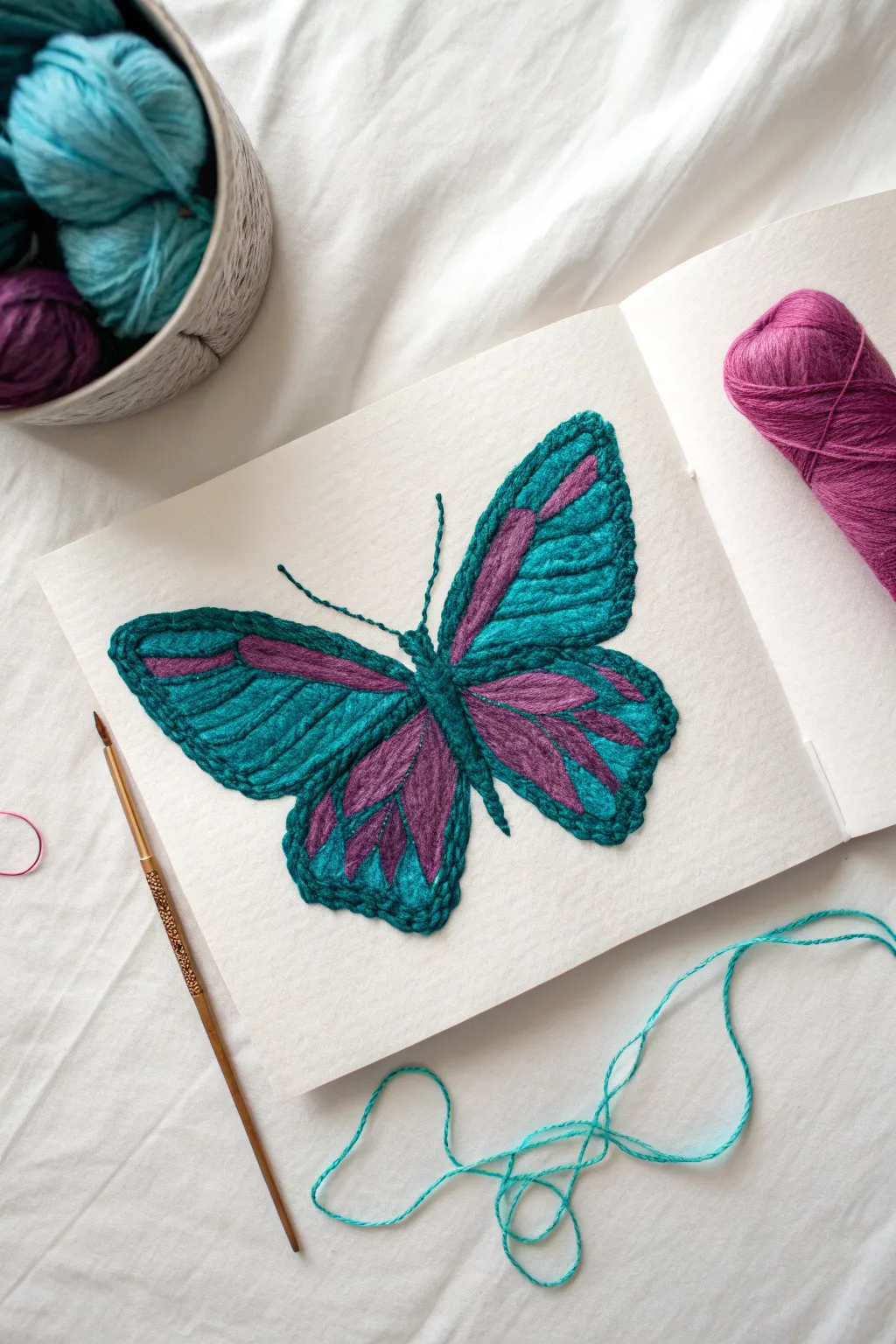 Yarn pull painting butterfly on opened paper with vivid color and a painty yarn strand