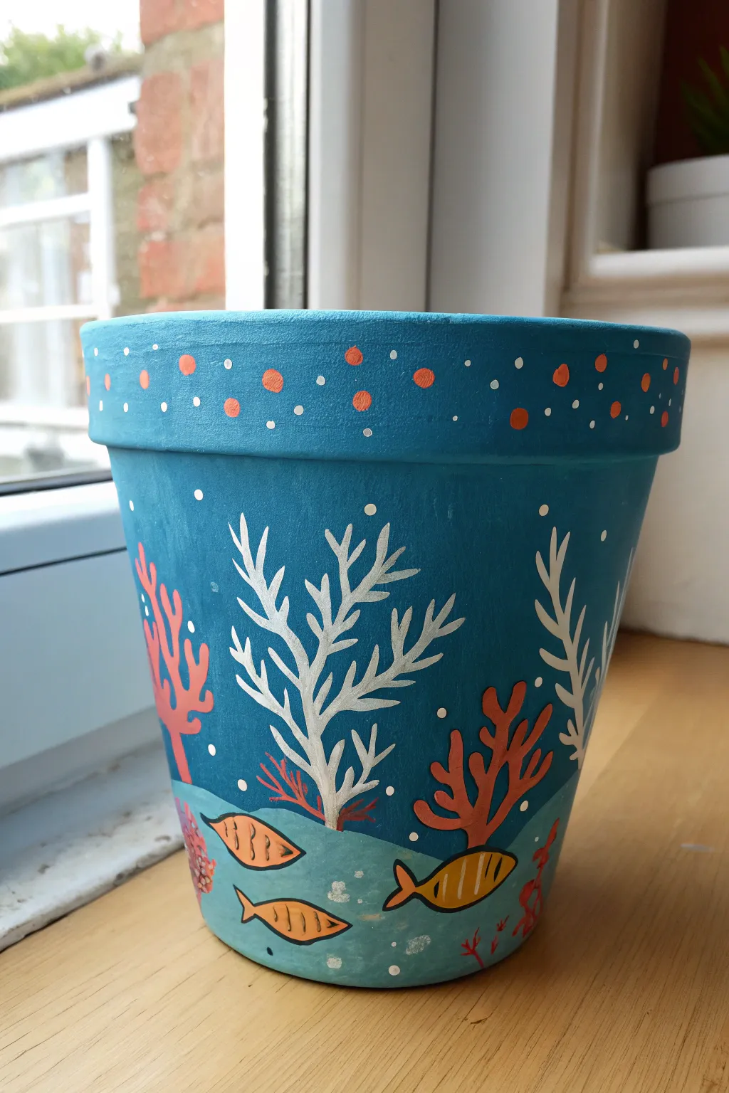Underwater wraparound flower pot with bubbles, coral, and fish in bold yet minimalist style