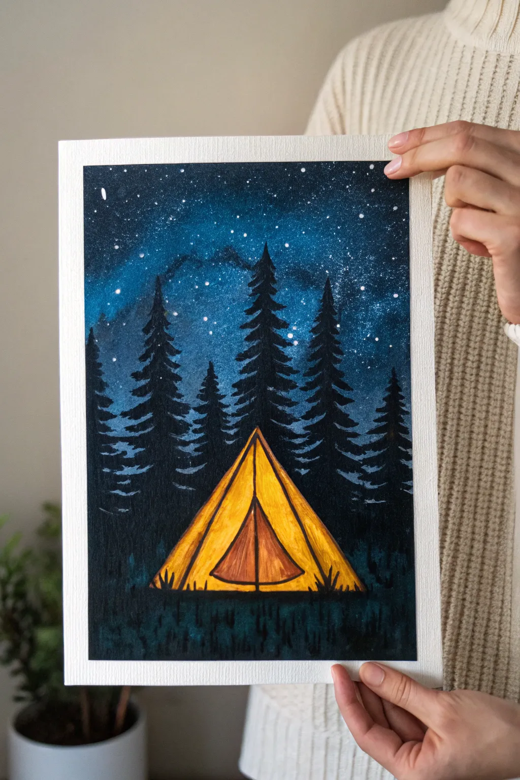 Capture the magic of a starry night with this cozy, glowing tent painting inspiration.