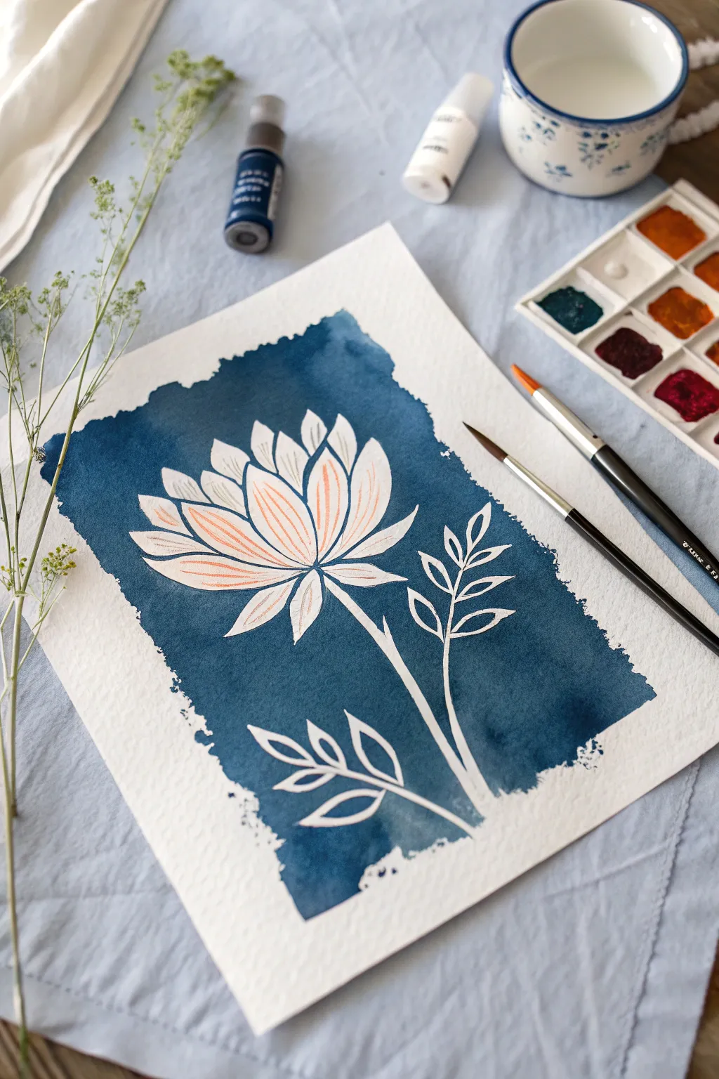 Negative space flower painting: crisp white petals carved from bold color, calm Nordic boho vibe