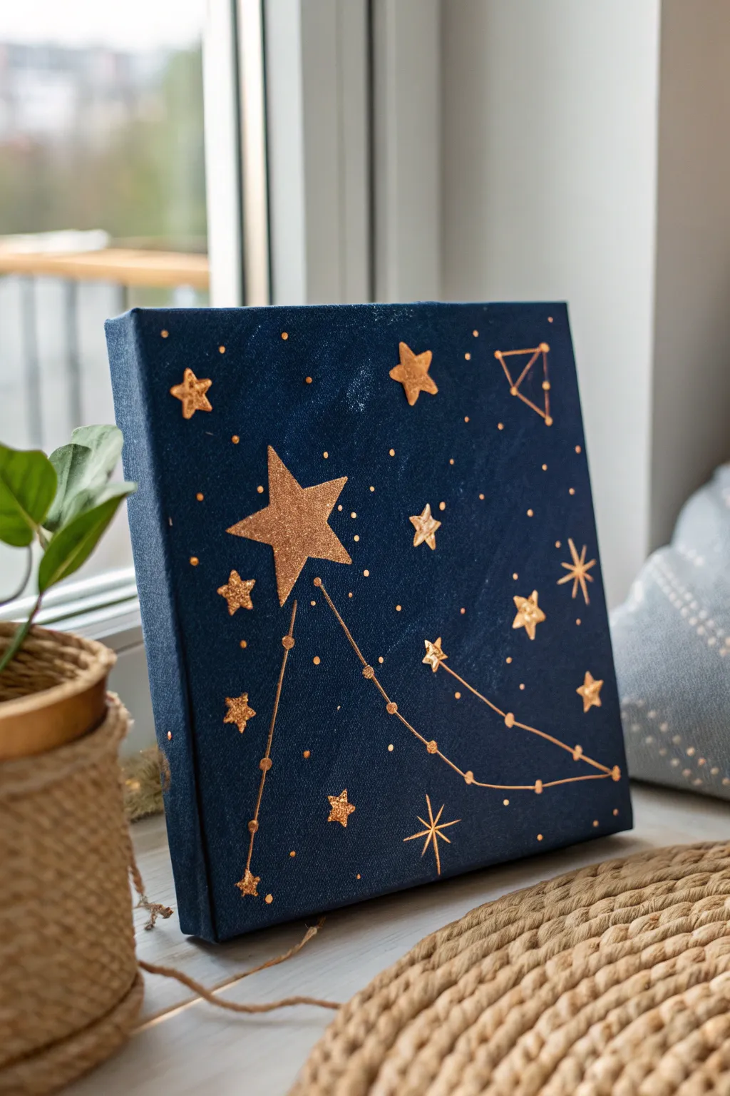A midnight sky painting with subtle star paths that feel like your love story in constellations