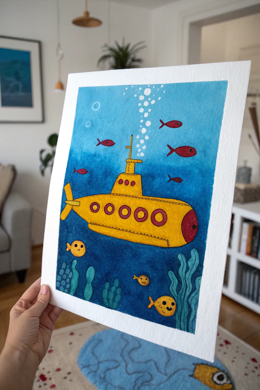 Bold submarine painting idea with bubble trails in deep blue water, simple shapes and strong contrast