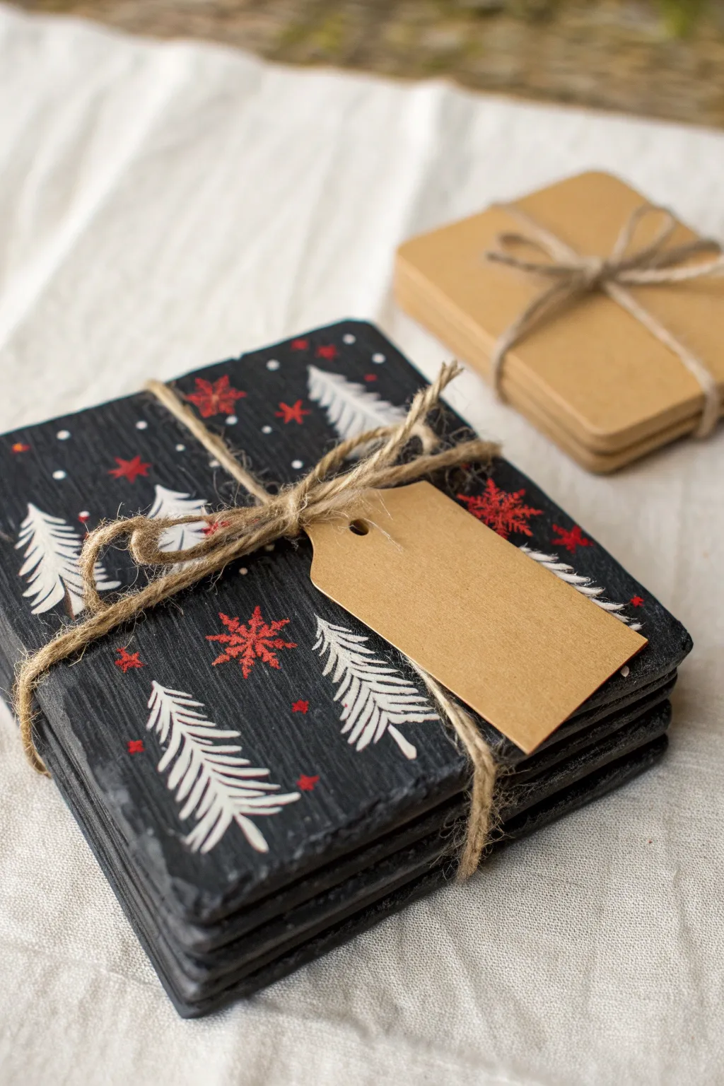 Hand-painted slate coasters with snowy winter scenes, a chic minimalist Christmas gift DIY.