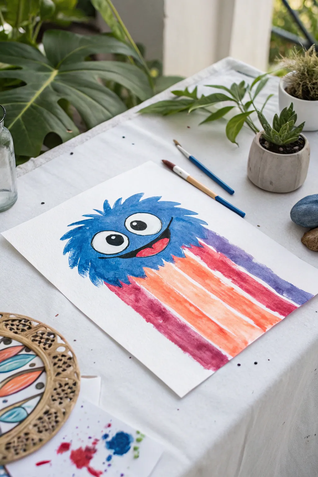 Easy string pull paint monster art: bold mirrored streaks on crisp white paper, so cute