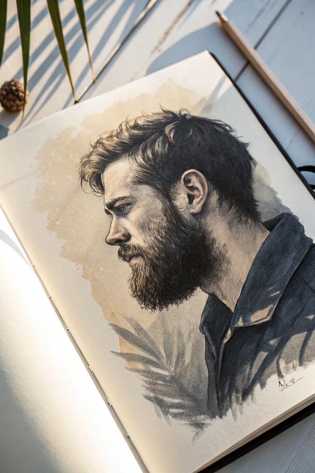 Barbershop ink wash study: bold beard texture and clean white space, minimalist and moody.