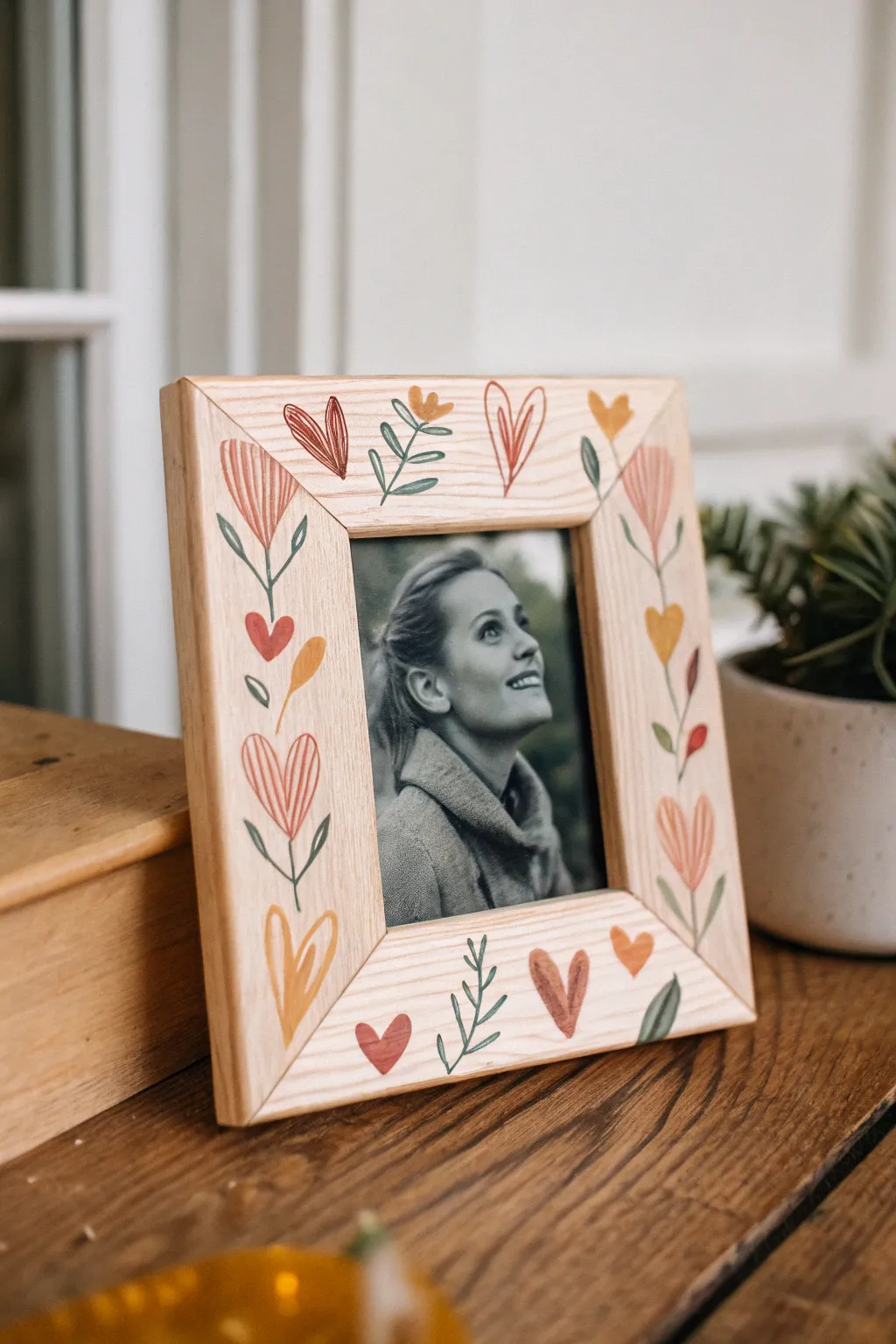 Hand-painted hearts and florals on a simple frame, a sweet DIY gift for Mom in bold colors.