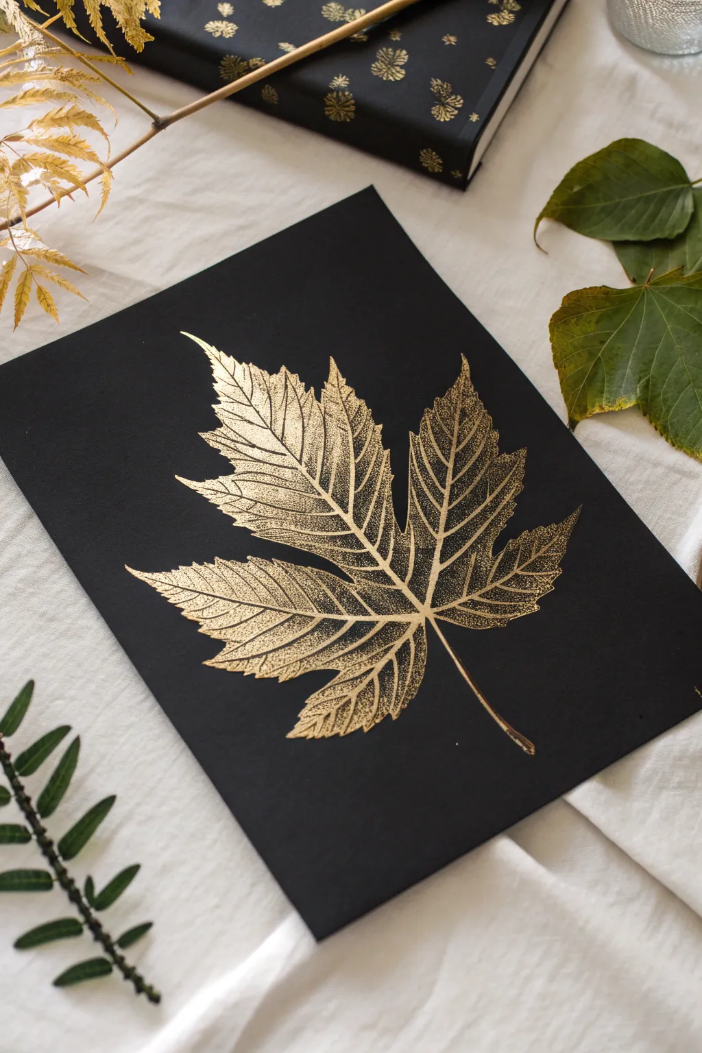 Easy metallic leaf print on deep black paper for a bold minimalist boho painting idea