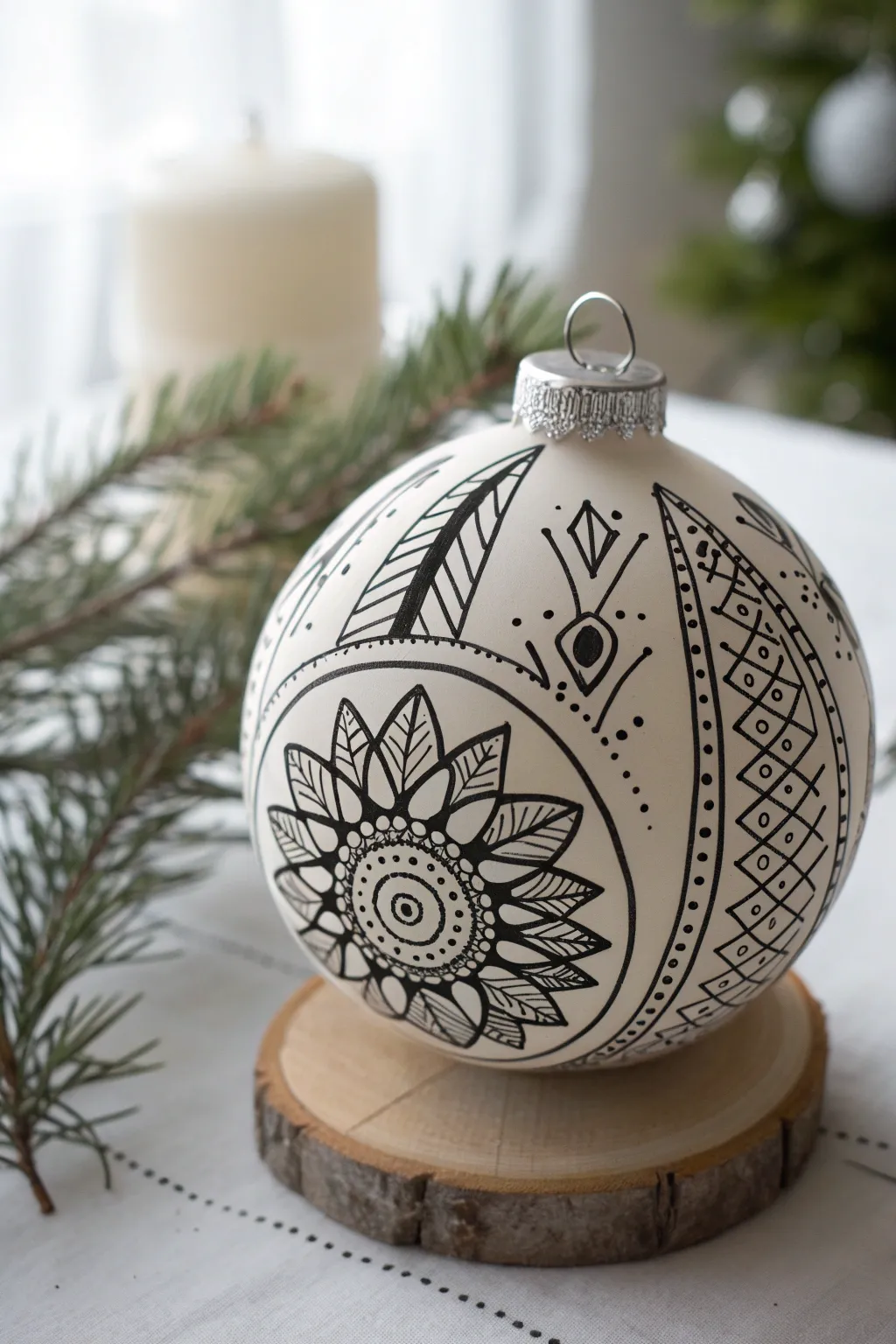 Meditative zentangle ornament in progress, crisp black ink on matte white, calm boho vibe